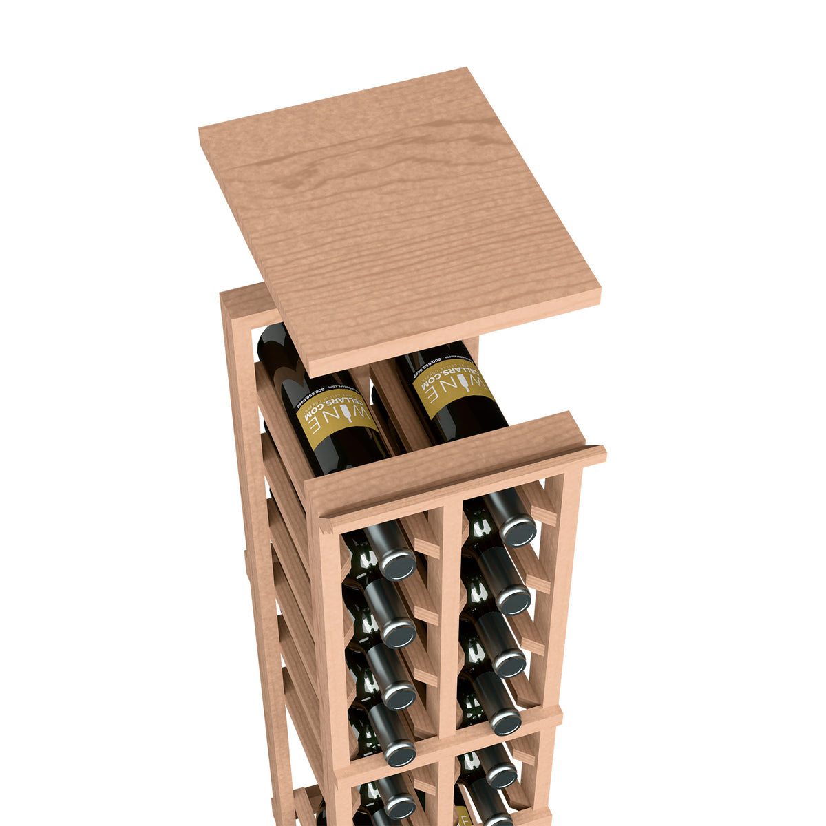 Two-column wine bottle rack with light wood top shelf and bottle display cubby slots