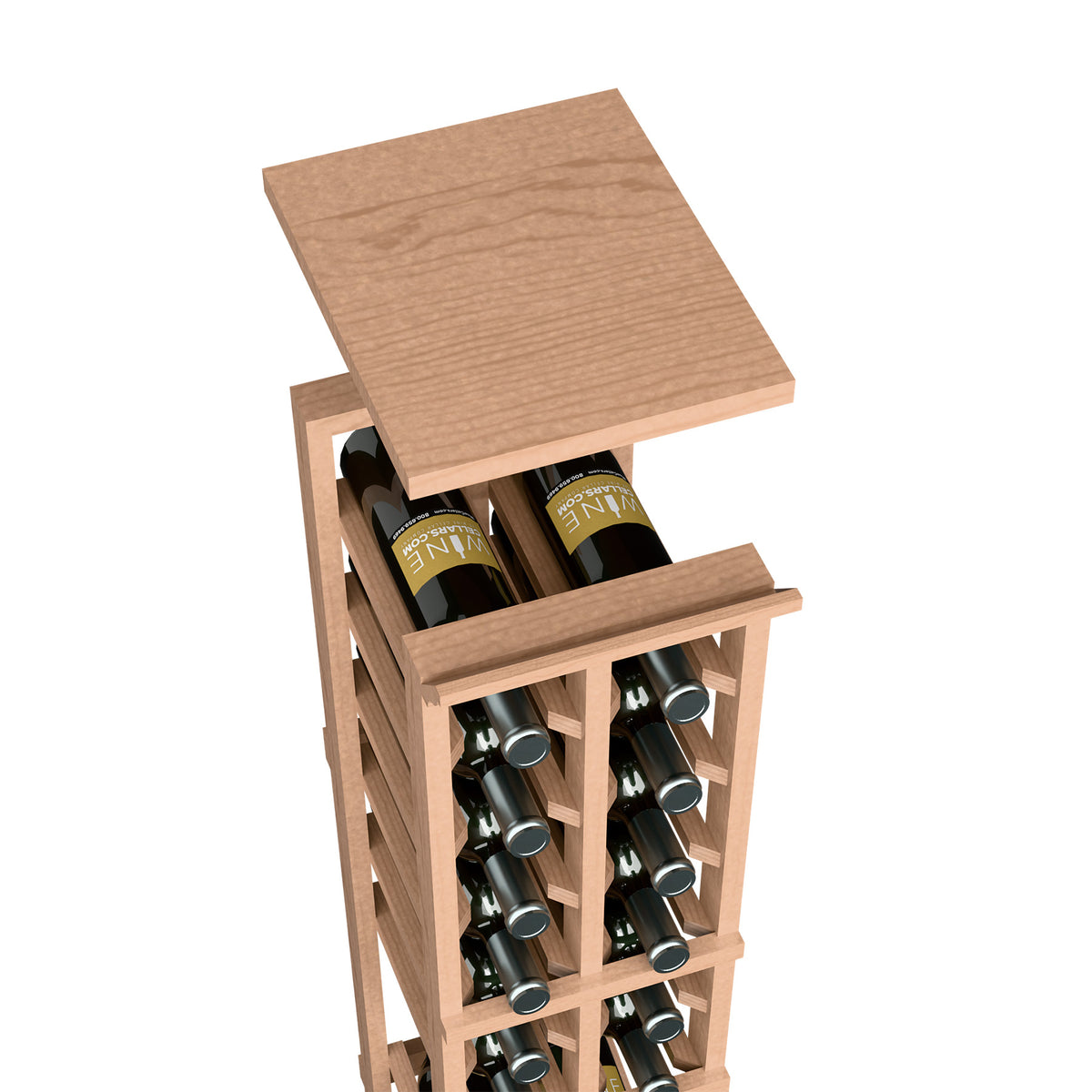 Two-column wine bottle rack with light wood top shelf and bottle display cubby slots