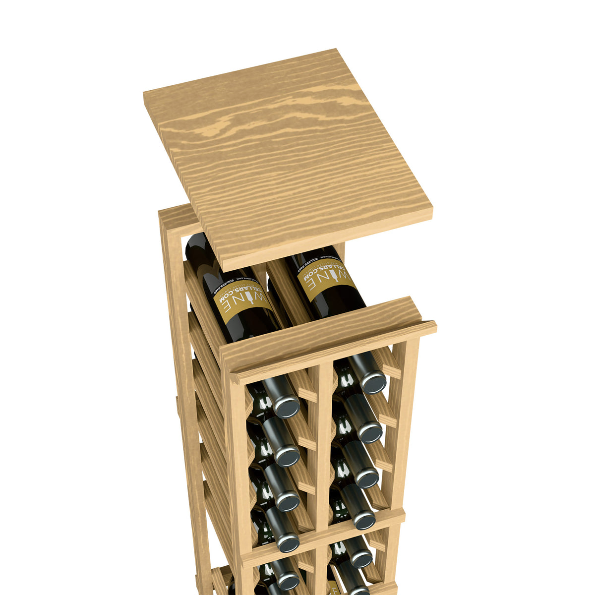 Two-column wine bottle rack with light wood top shelf and bottle display cubby slots