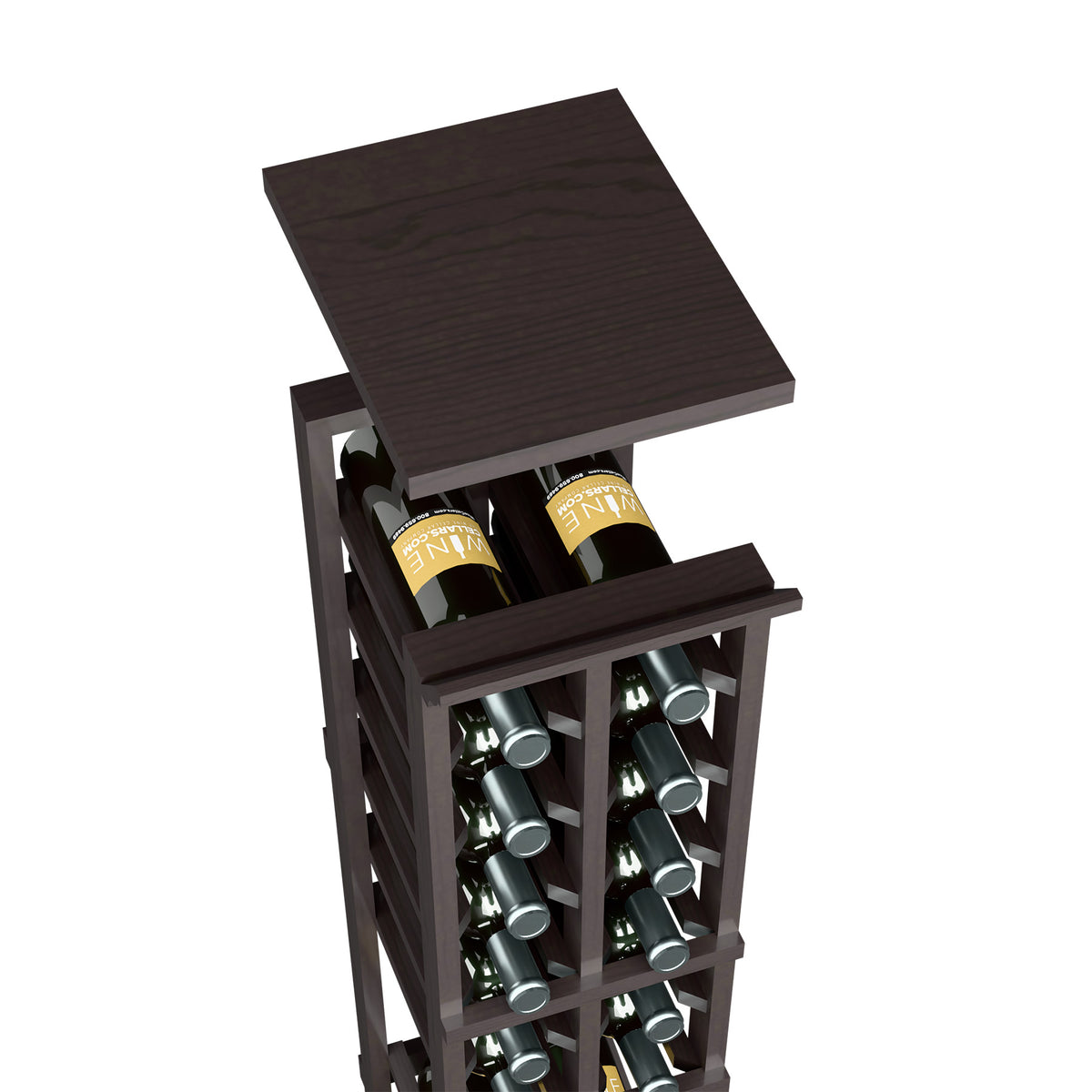 Two-column wine bottle rack with dark brown top shelf and bottle display cubby slots