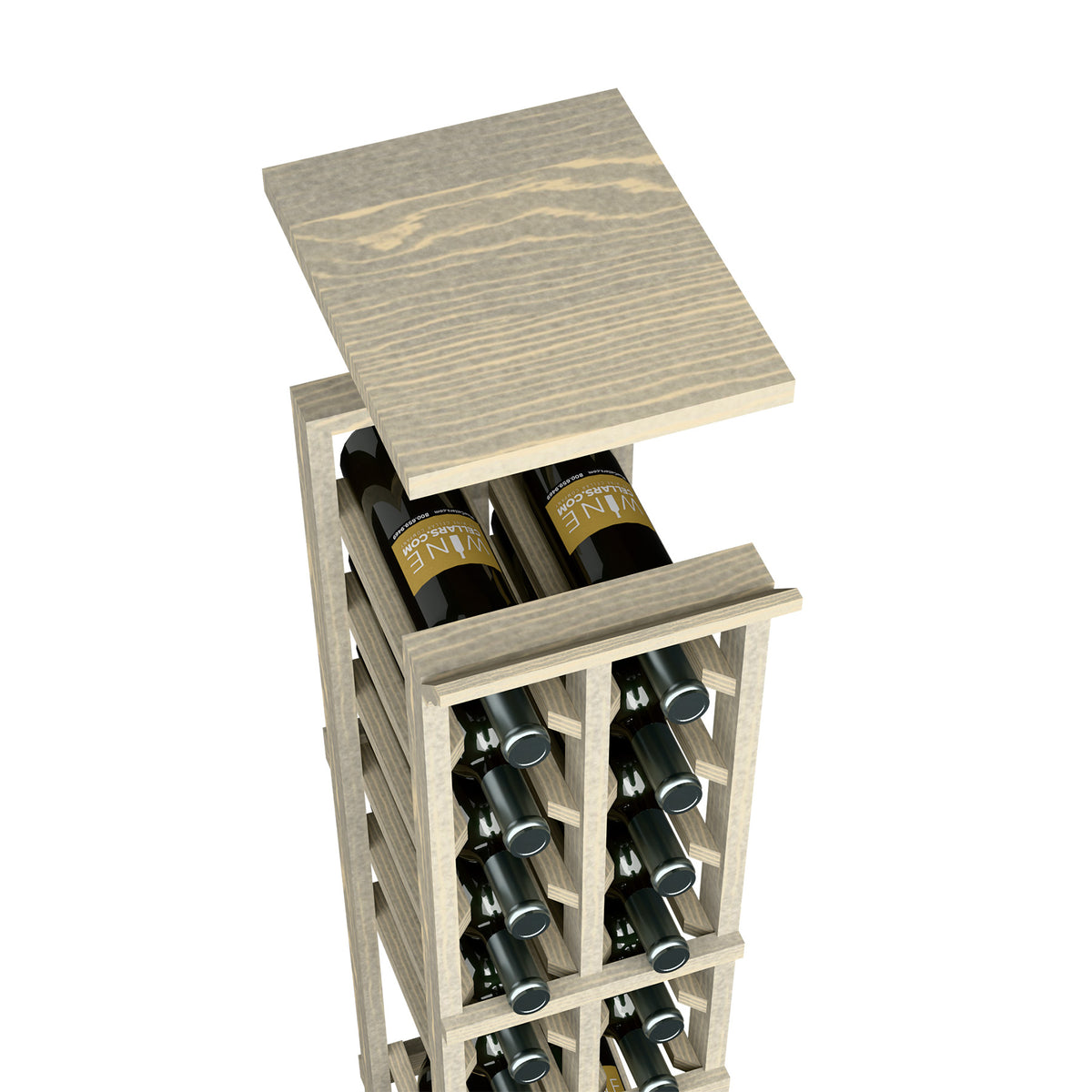 Square top shelf wood wine rack with two bottle rows, gray stained finish.