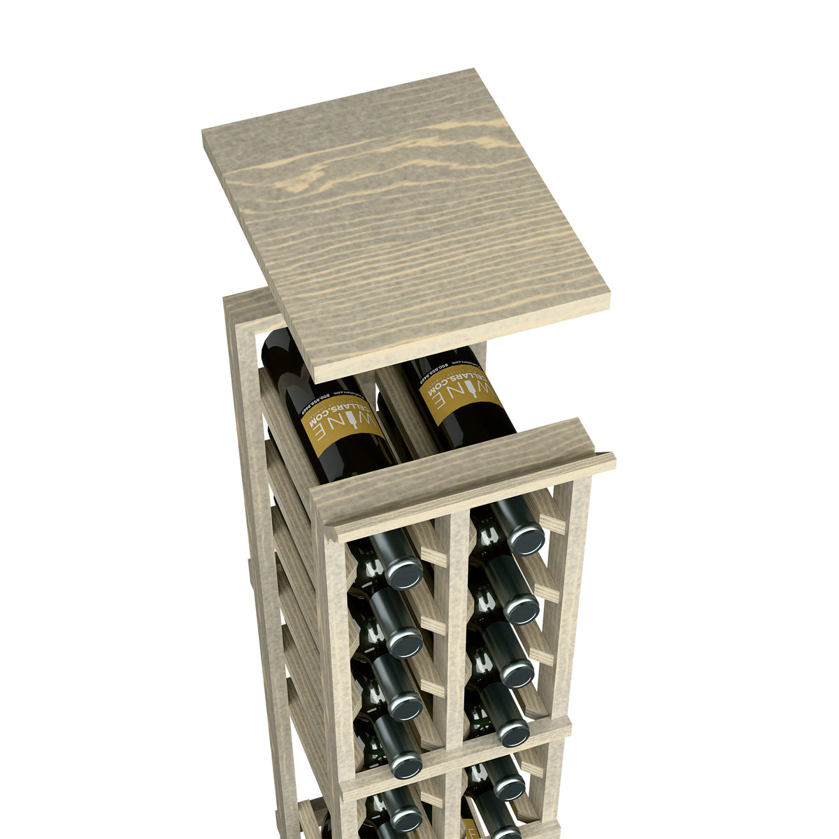 Square top shelf wood wine rack with two bottle rows, gray wood finish.