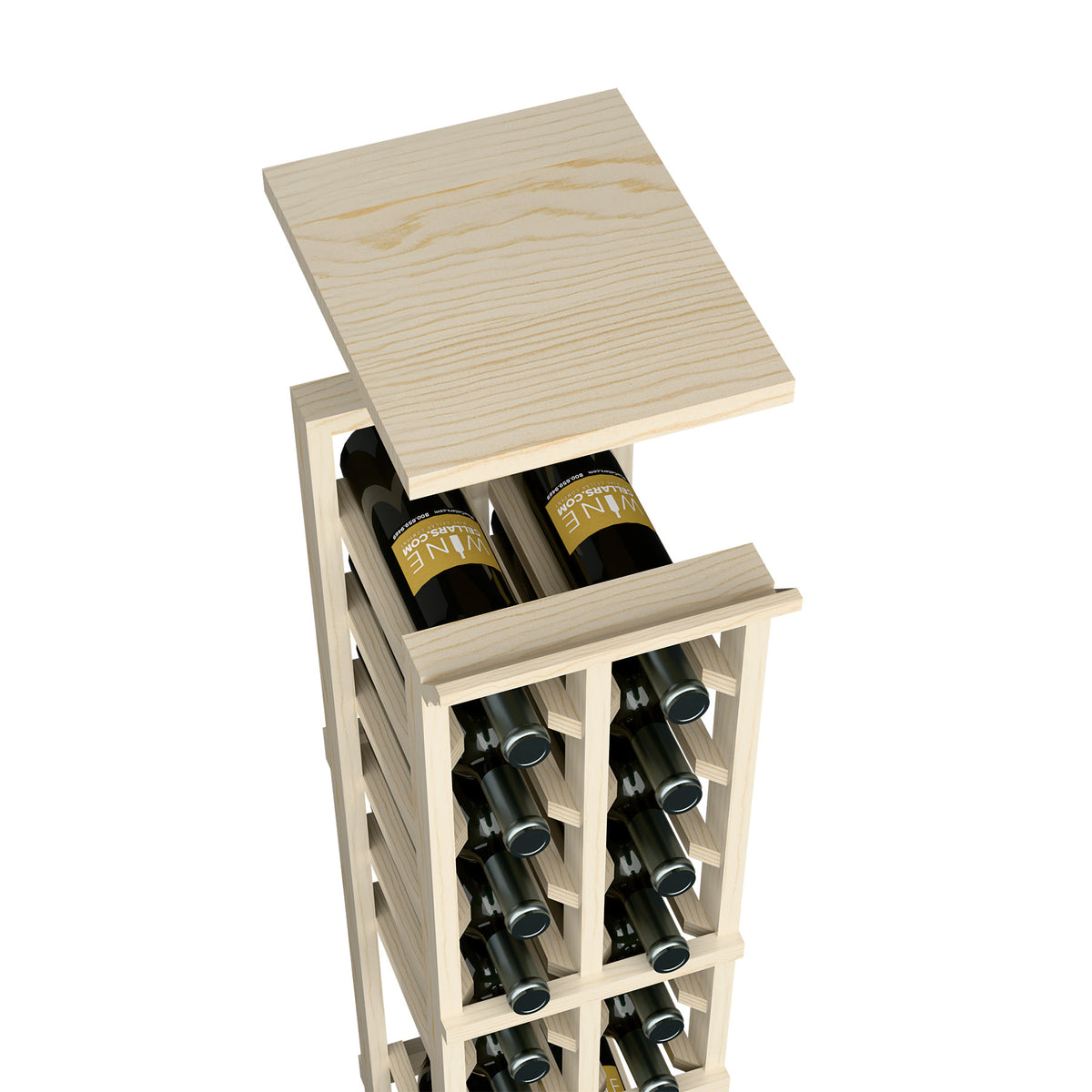 Square top shelf wood wine rack with two bottle rows, pale wood finish.