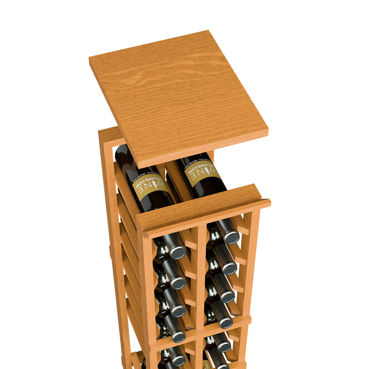 Square top shelf wood wine rack with two bottle rows, golden wood stain finish.