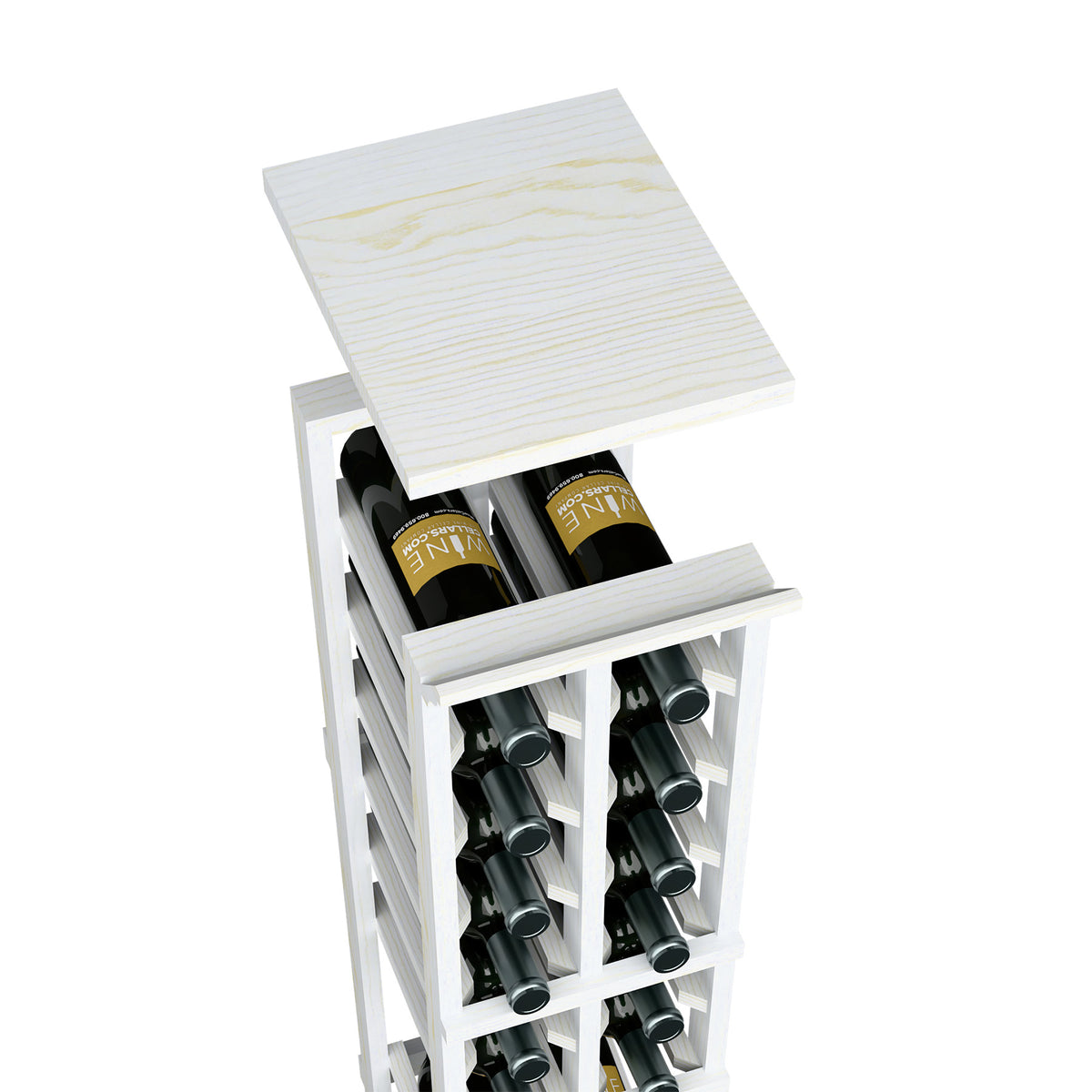 Square top shelf wood wine rack with two bottle rows, whitewashed finish.