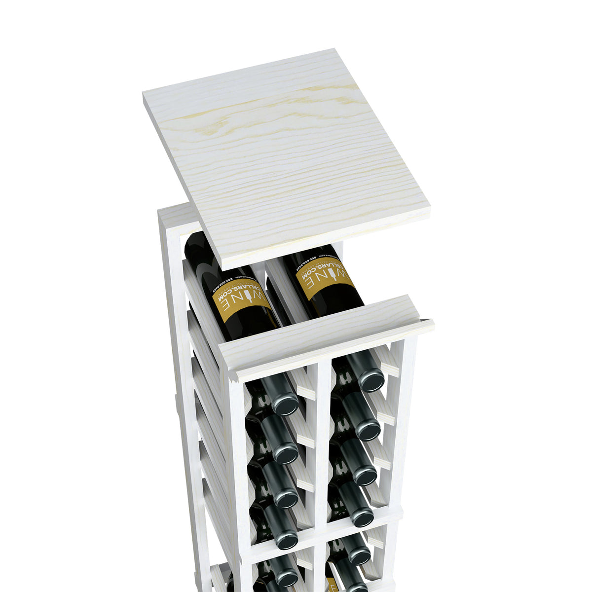 Square top shelf wood wine rack with two bottle rows, pale white wood finish.