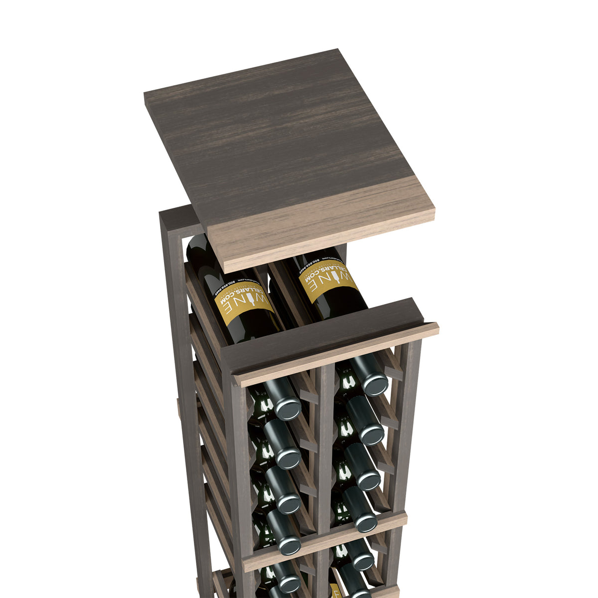 Dark wood wine rack with top shelf and open front, holding bottles in a 2-column design