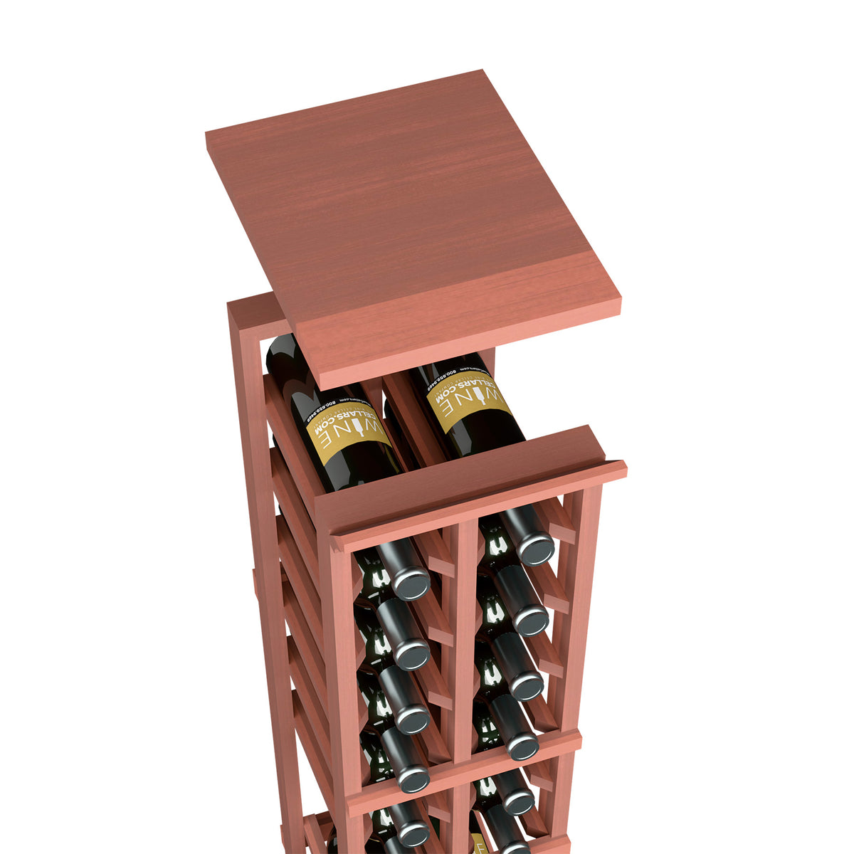 Red-toned wood wine rack with top shelf and open front, holding bottles in a 2-column design