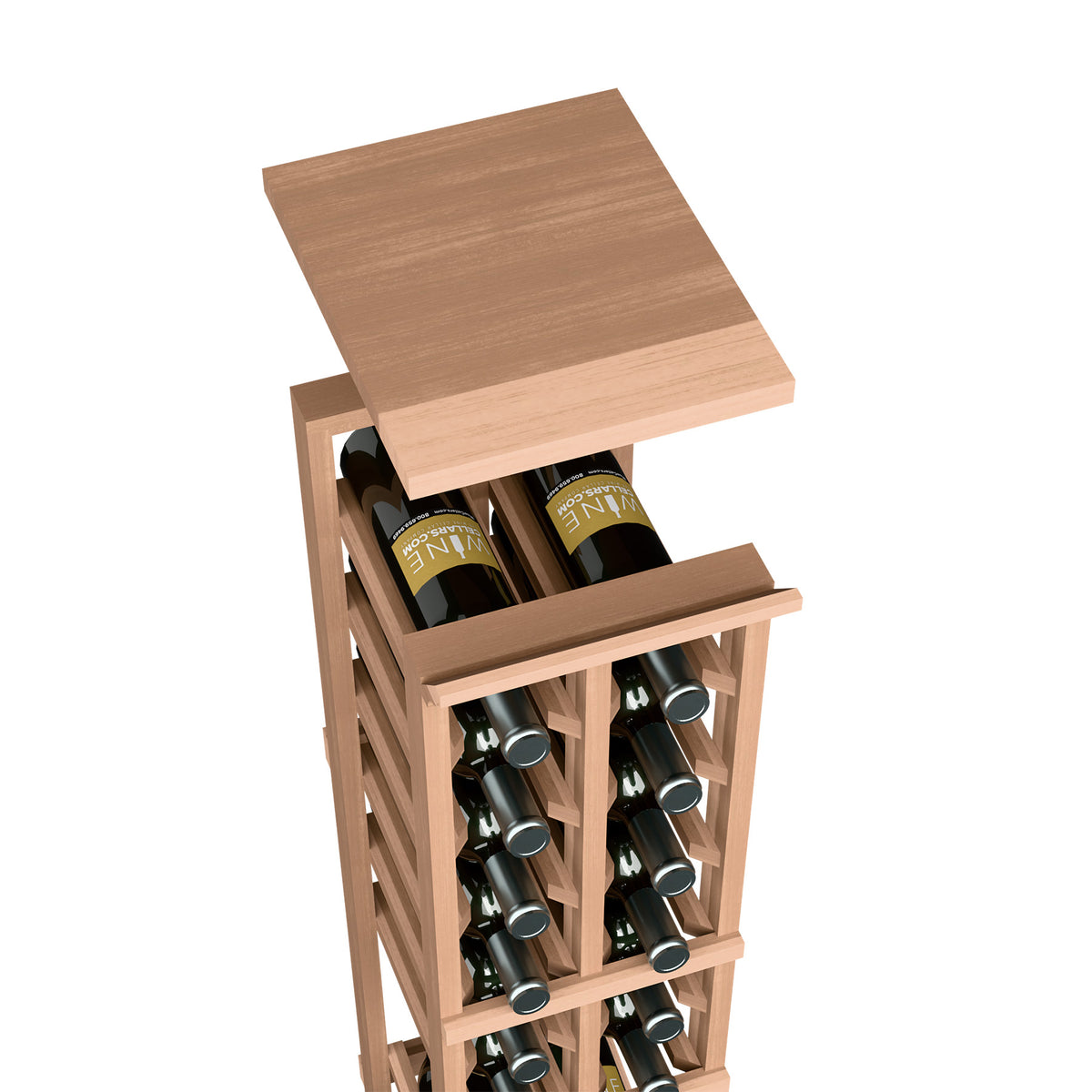 Light wood wine rack with top shelf and open front, holding bottles in a 2-column design