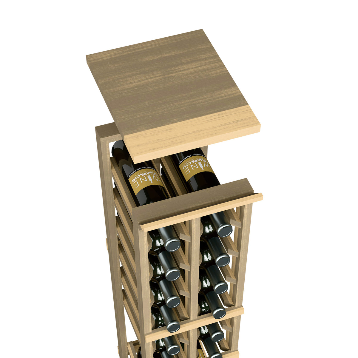 Medium wood wine rack with top shelf and open front, holding bottles in a 2-column design