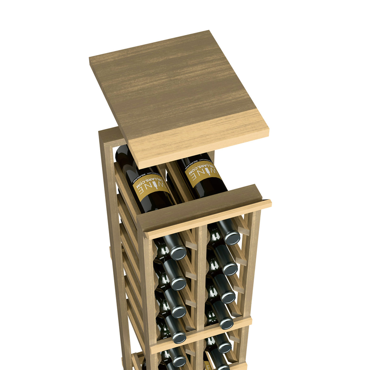 Golden wood wine rack with top shelf and open front, with wine bottles stored in a 2-column rack