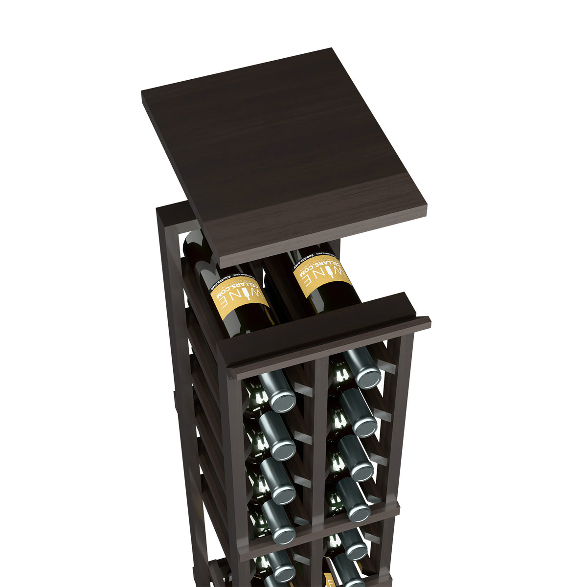 Dark black wine rack with top shelf and open front, showing stacked bottles in a 2-column rack