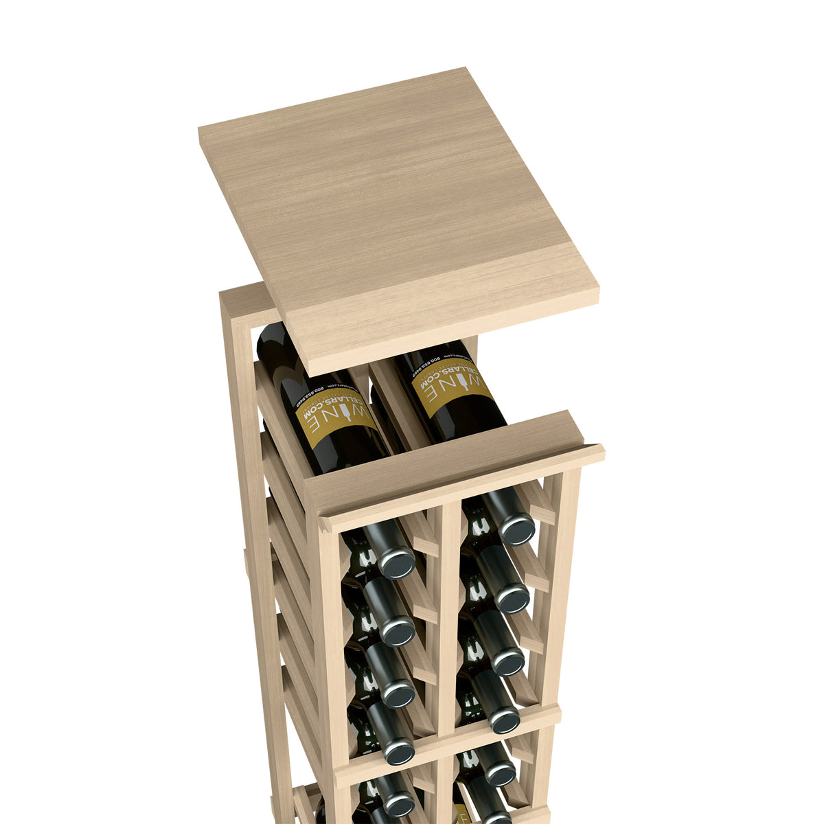 Light gray wood wine rack with top shelf, open bottle cubbies in two columns