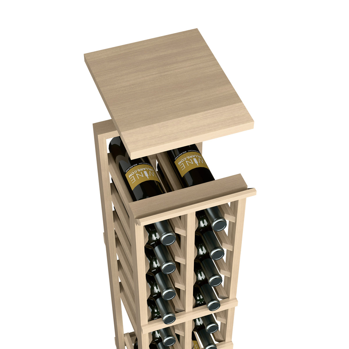 Light gray wood wine bottle rack with top shelf and two-column storage