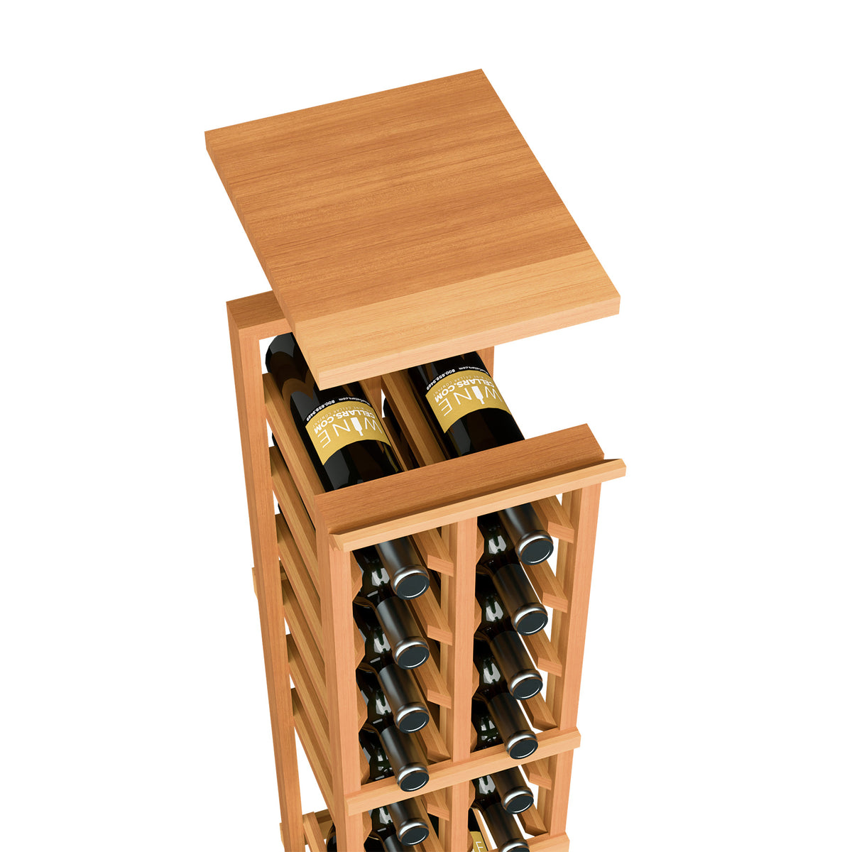 Warm light wood wine rack top shelf with open bottle cubbies in two columns