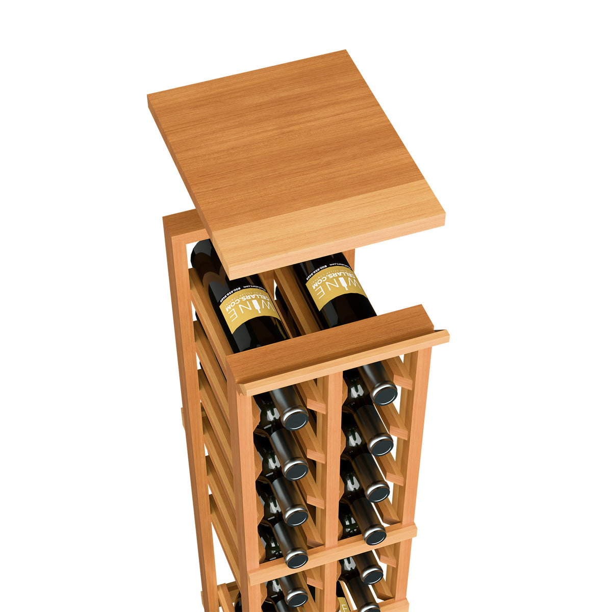 Warm light wood wine bottle storage rack with top shelf and two side columns