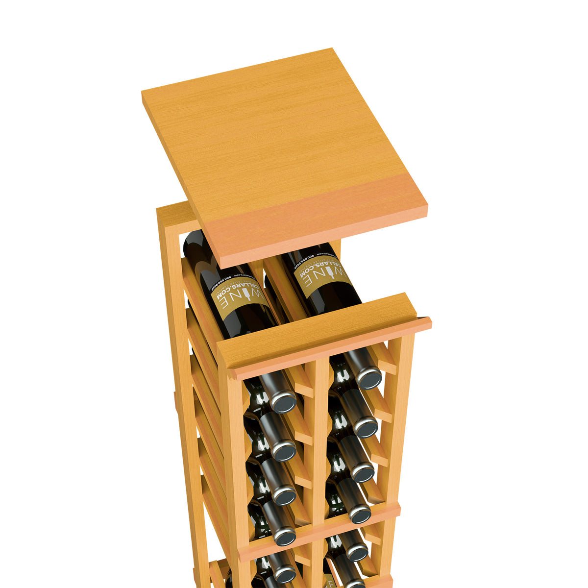 Golden wood wine bottle storage rack with top shelf and two-column design