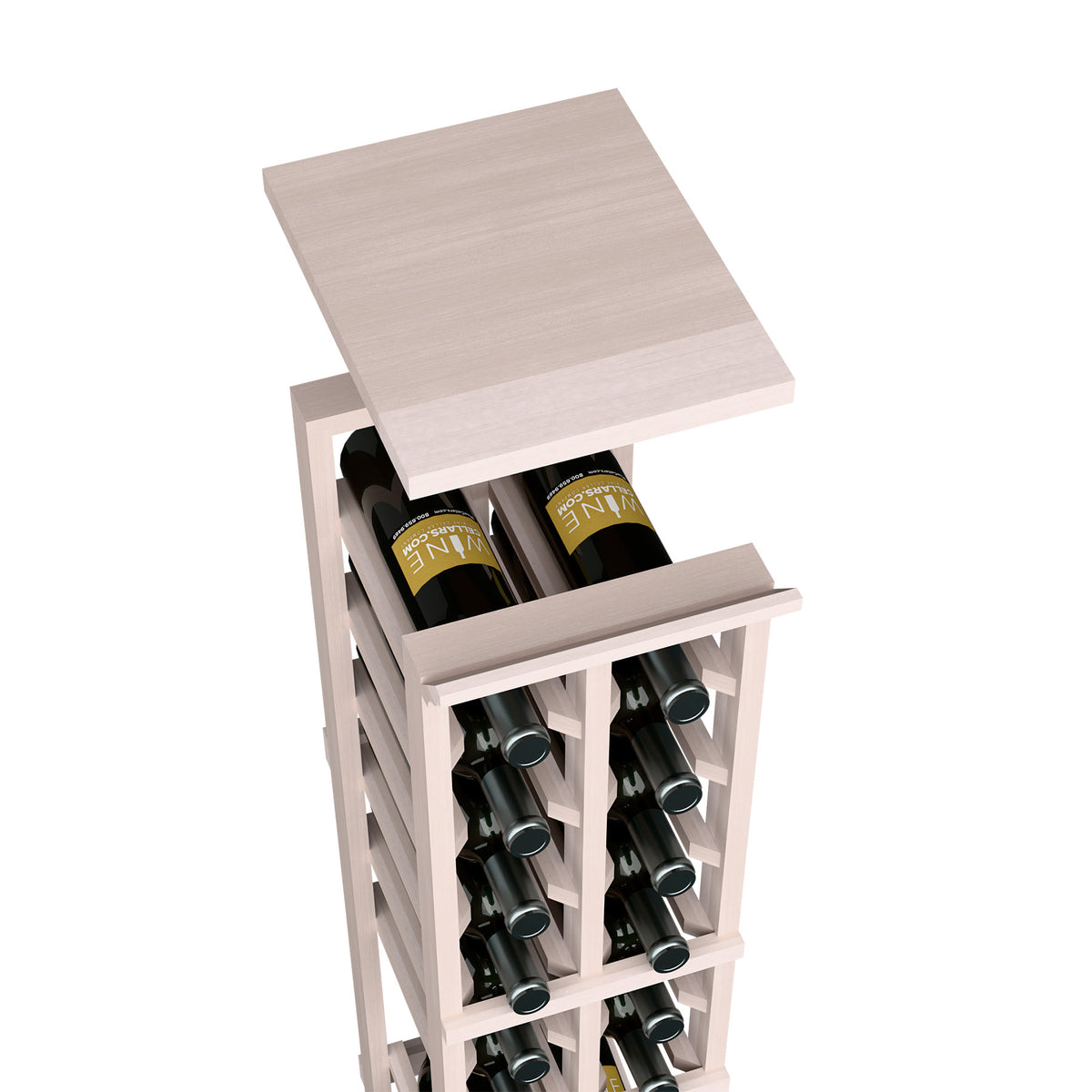 Whitewashed wood wine rack with top shelf and open bottle cubbies in two columns