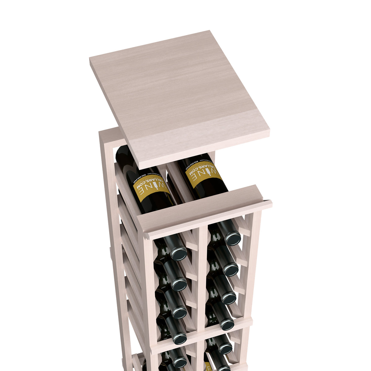 Whitewashed wood wine bottle rack with top shelf and two-column bottle storage