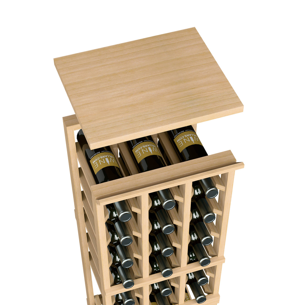 Light wood solid top shelf for 3-column rack with wine bottle cubbies