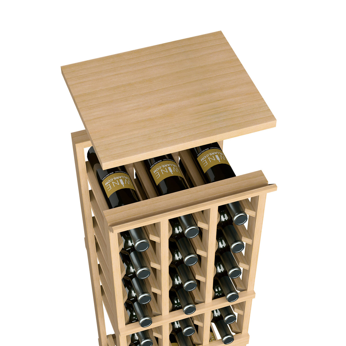 Light wood top shelf for 3-column rack with wine bottles in storage slots