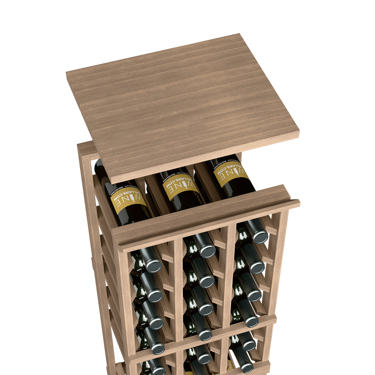 Medium brown solid top shelf for 3-column rack with wine bottle storage