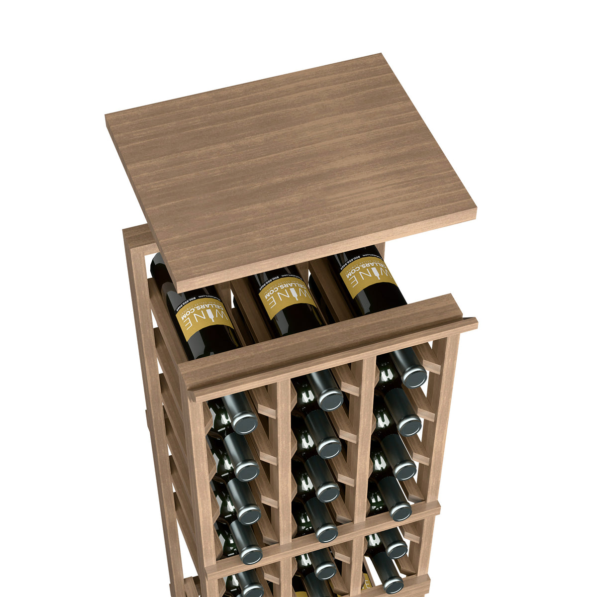 Medium brown top shelf on 3-column wine rack with bottle openings