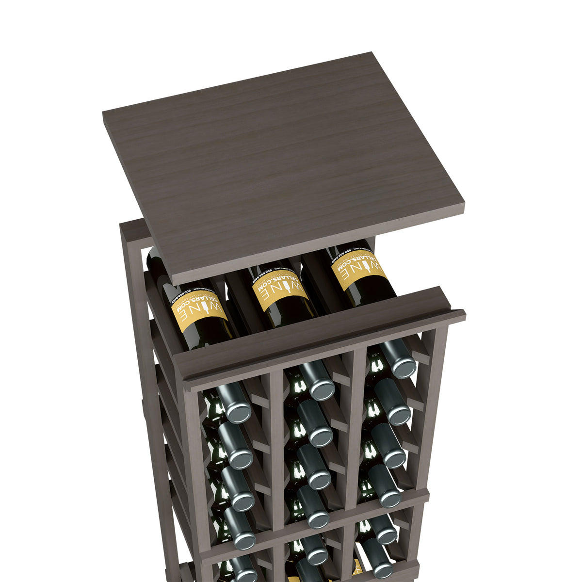 Dark gray solid top shelf for 3-column rack with wine bottles