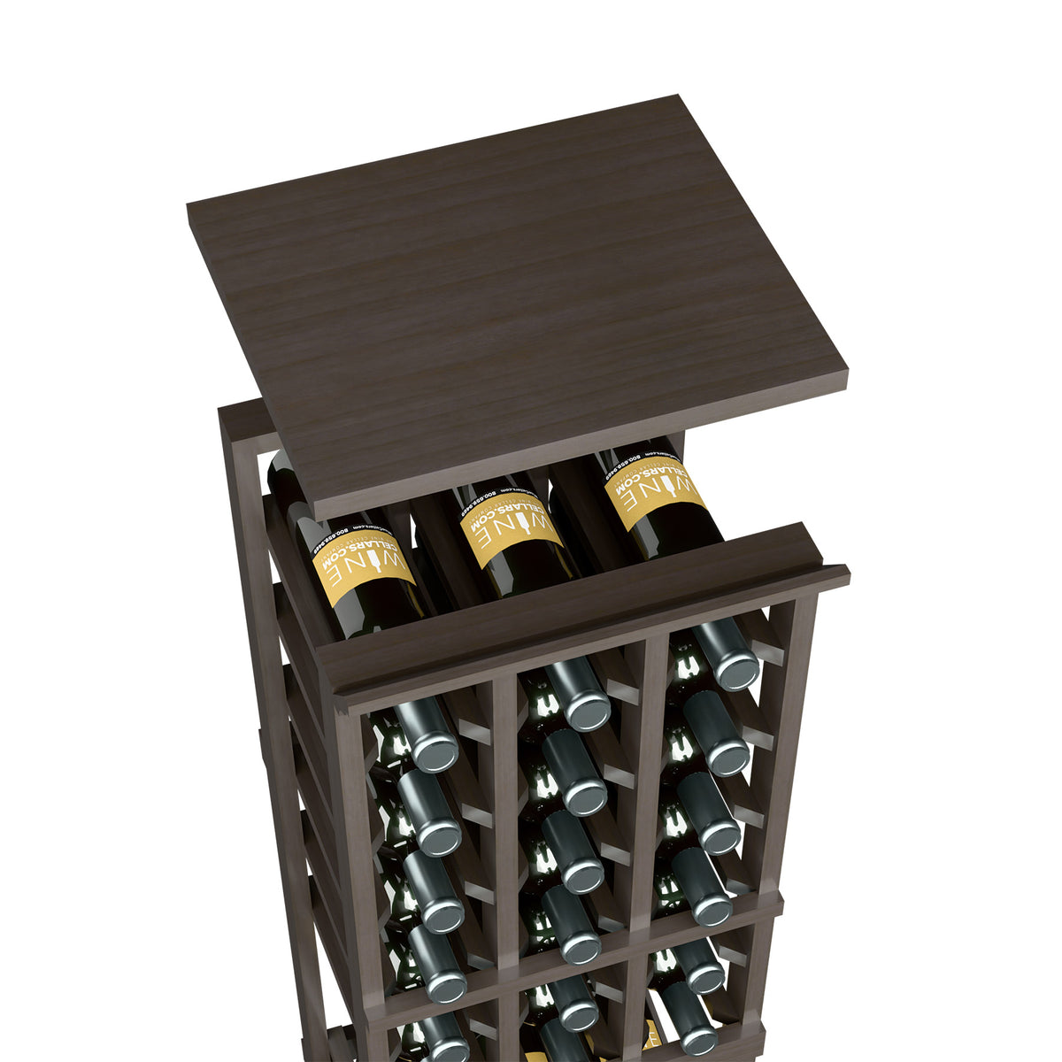 Dark gray top shelf on 3-column wine rack with bottle compartments