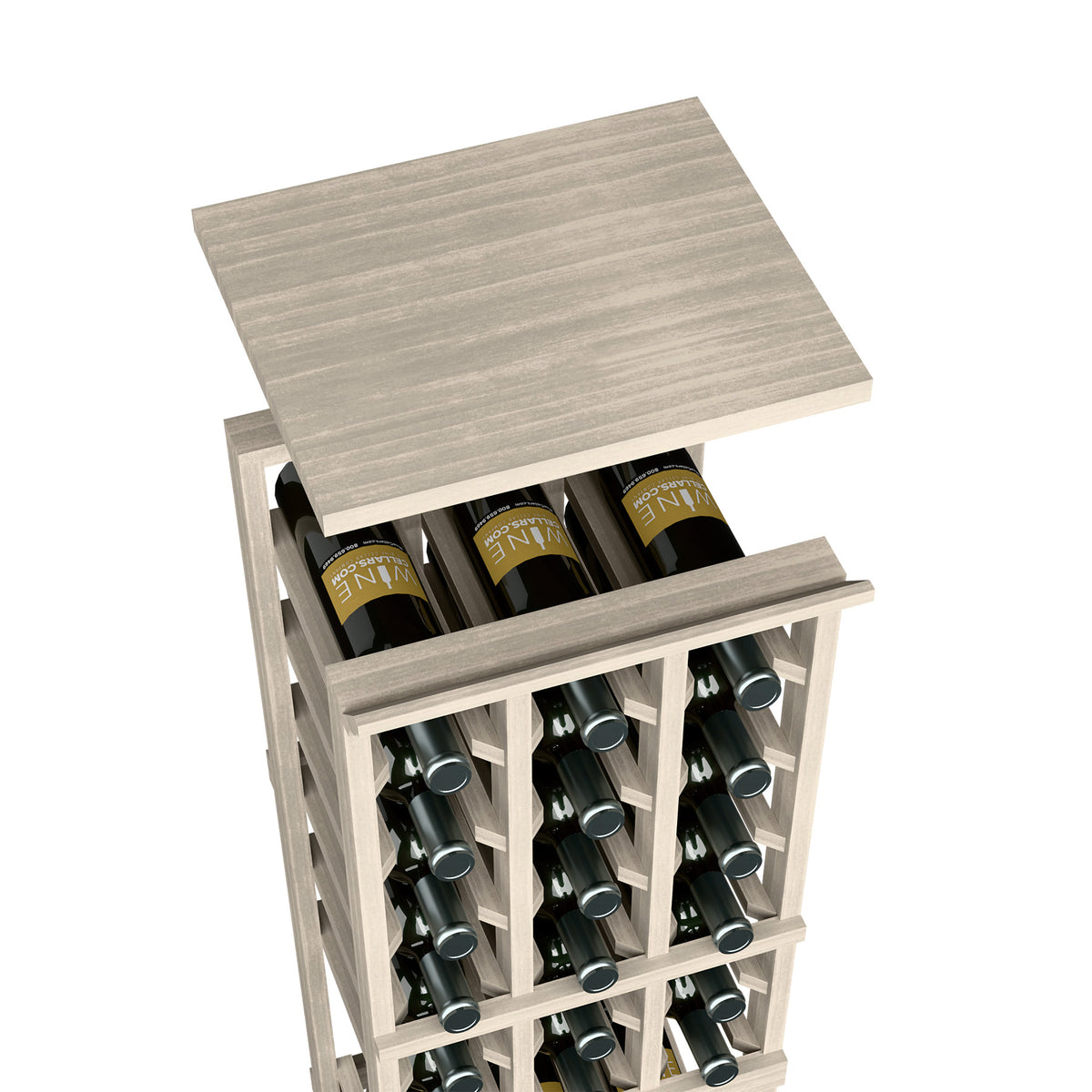 Grey wood top shelf for wine rack, with bottle storage openings