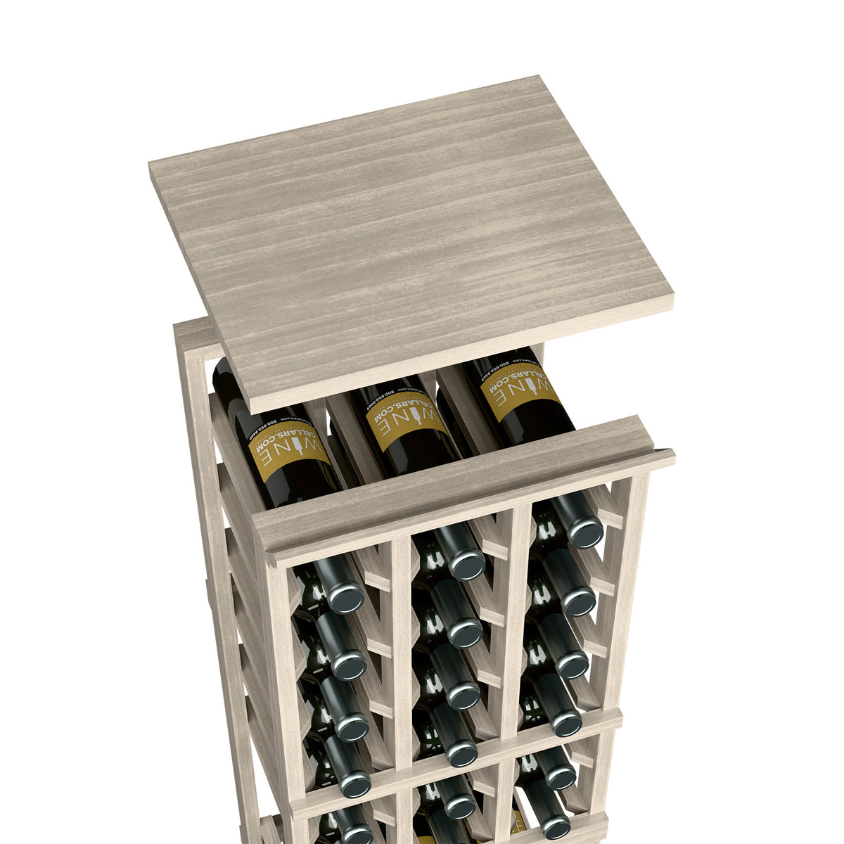 Grey wood wine rack top shelf with bottle storage openings and grid dividers