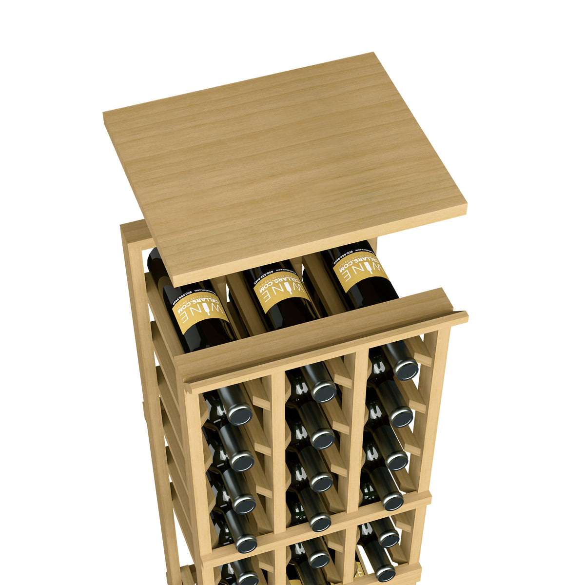Light wood top shelf for wine rack, with bottle storage openings