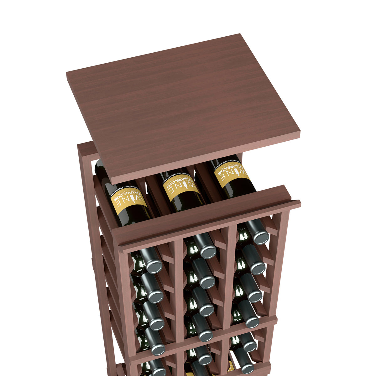 Dark brown wood top shelf for wine rack, with bottle storage openings