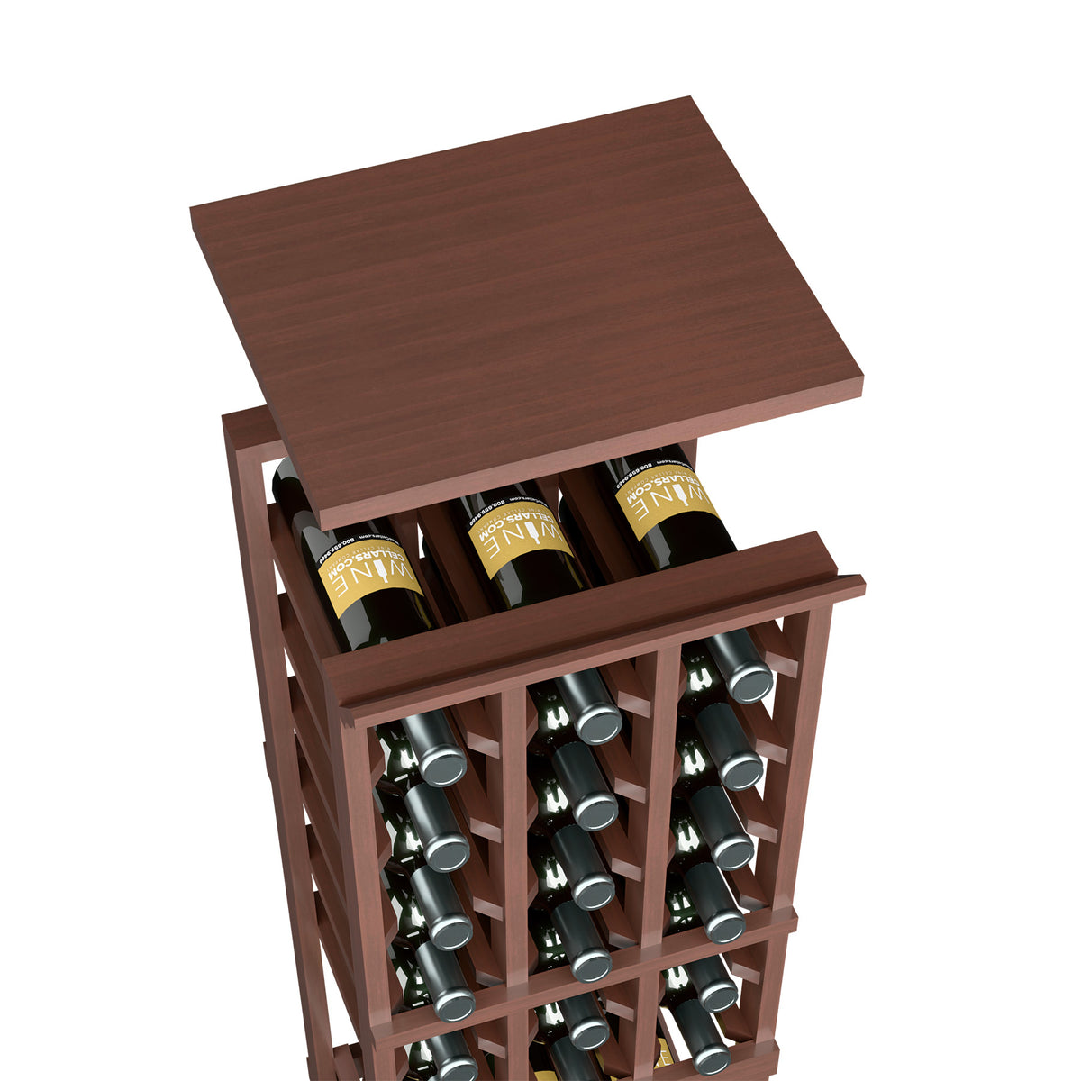 Dark brown wine rack top shelf with bottle storage openings and grid dividers