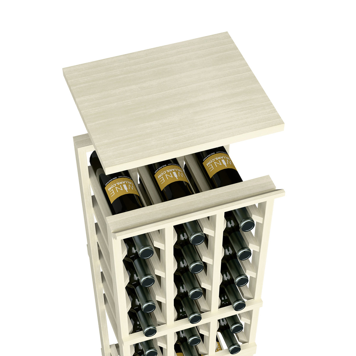 Whitewashed wood top shelf for wine rack, with bottle storage openings