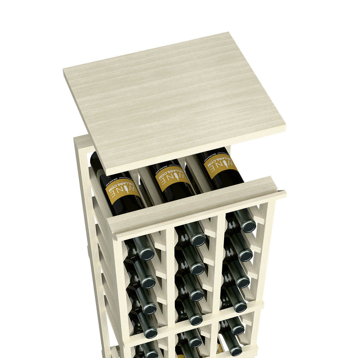 Whitewashed wood wine rack top shelf with bottle storage openings and grid dividers