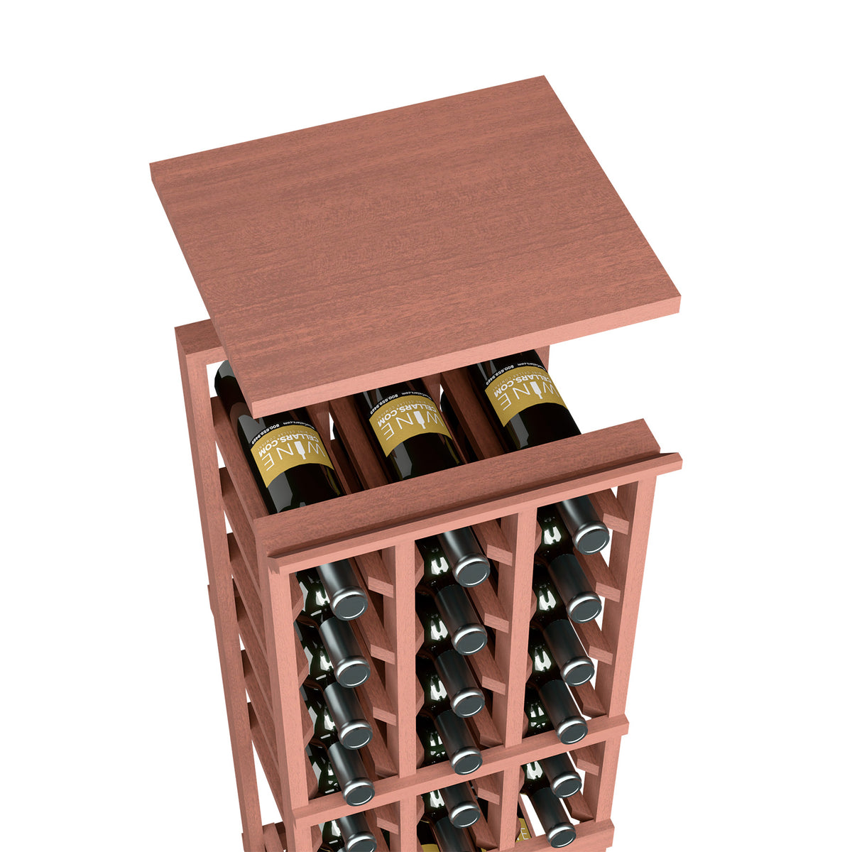 Red-brown wood wine bottle rack top shelf with open front bottle cubbies
