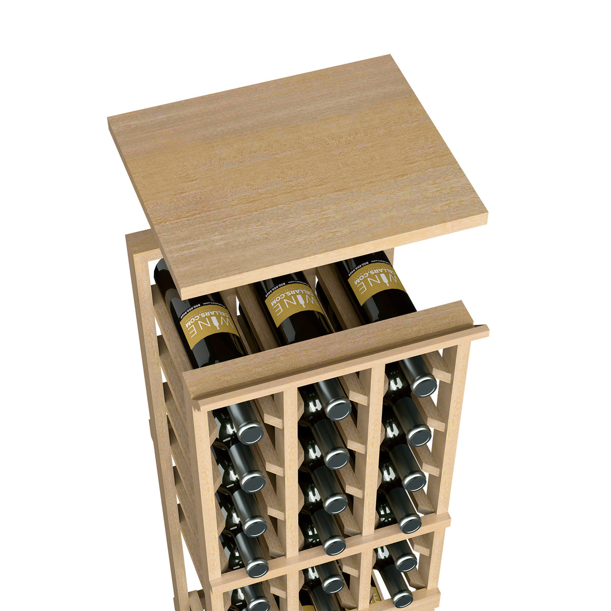 Natural light wood wine bottle rack top shelf with front bottle cubbies