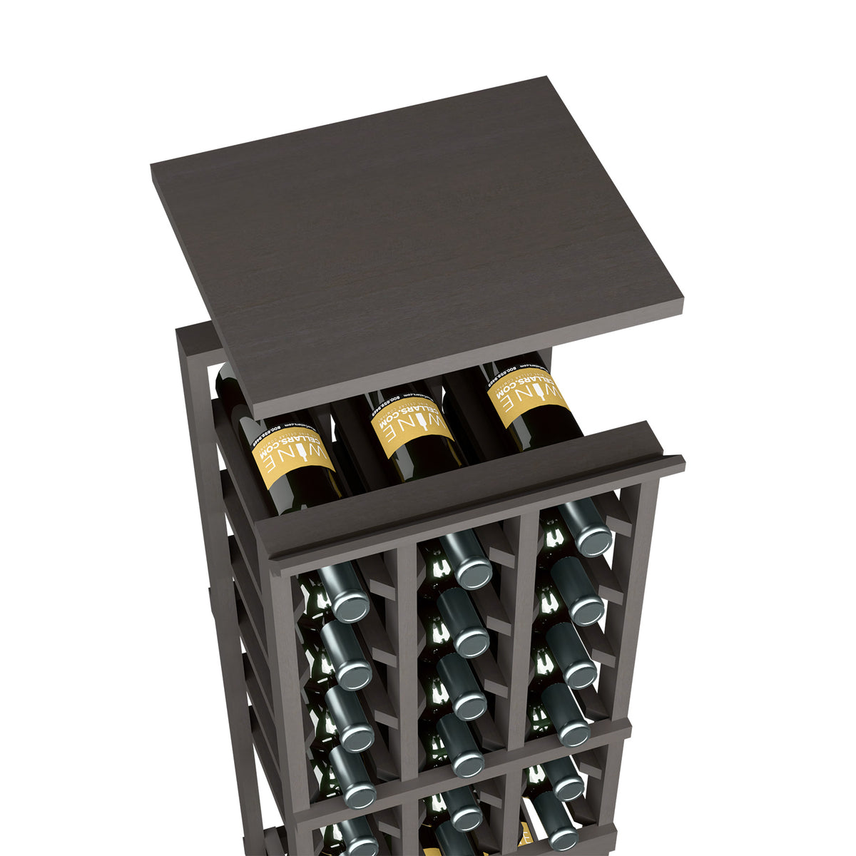 Dark charcoal wood wine bottle rack top shelf with open front bottle slots