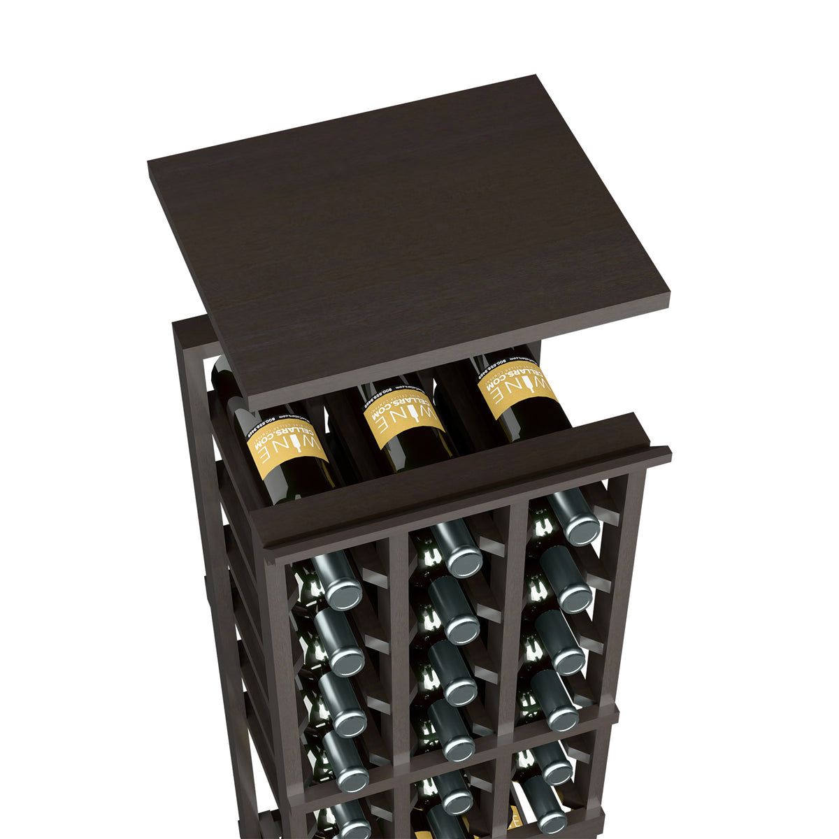 Dark brown wood wine bottle rack top shelf with open front bottle cubby slots