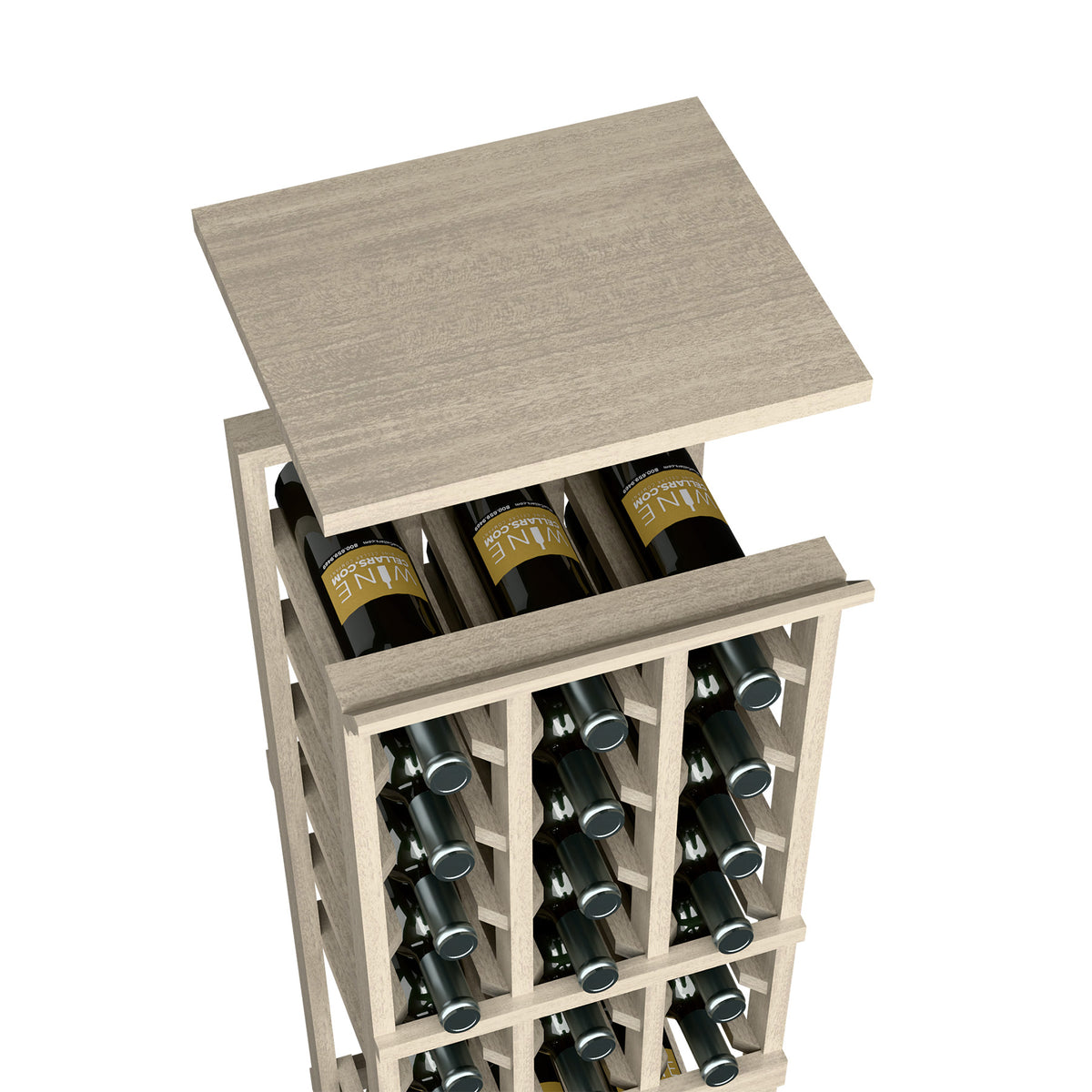 Wine bottle rack top shelf in weathered grey wood, open cubbies holding wine bottles