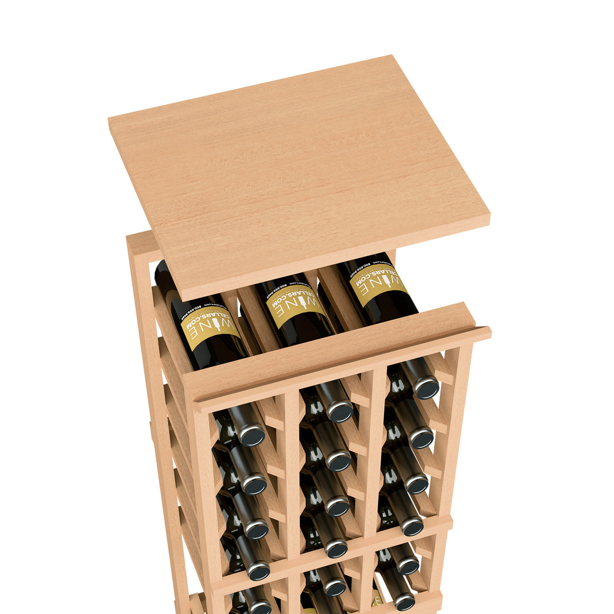 Wine bottle rack shelf in light natural wood, open cubbies with bottles under the top board