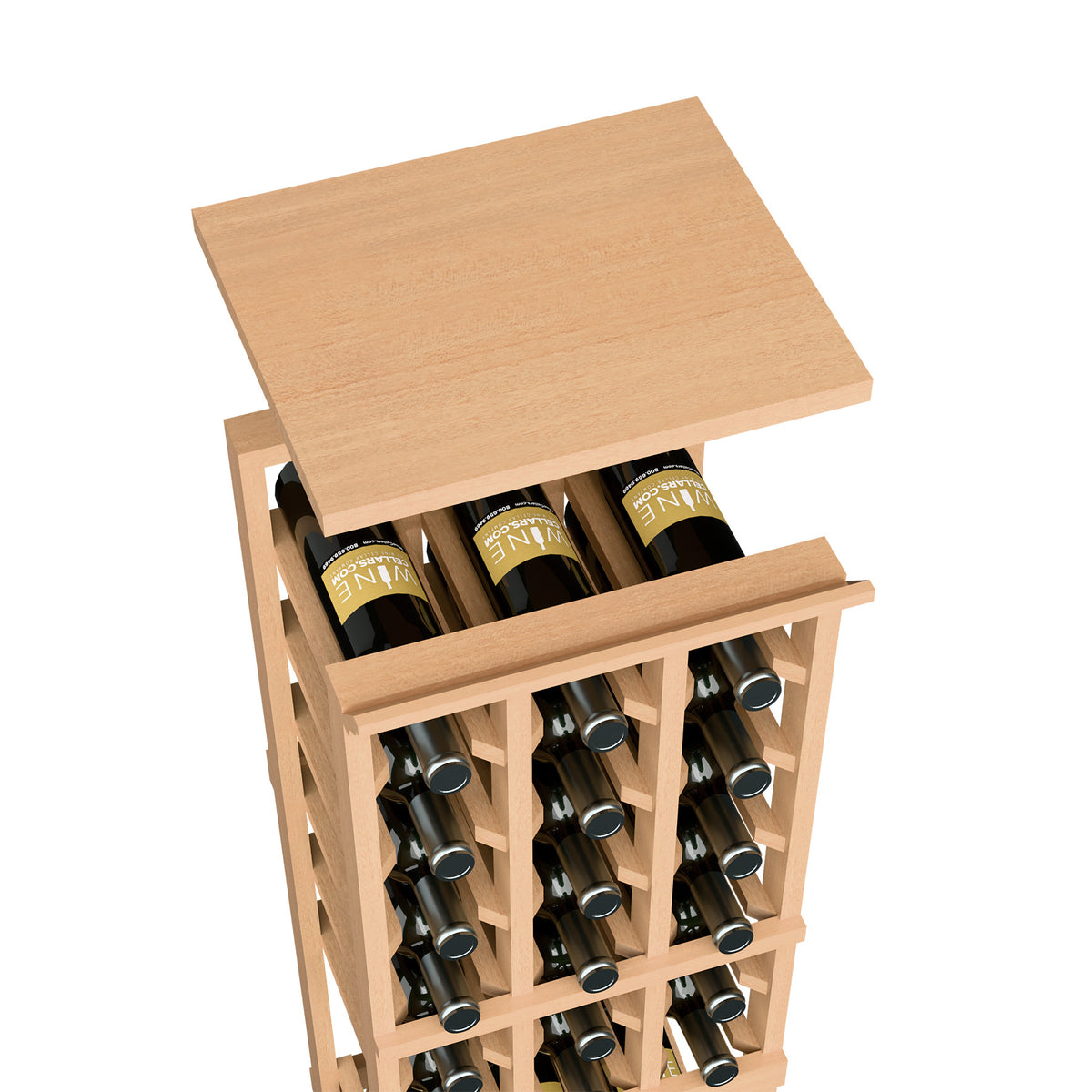 Light wood wine bottle rack shelf with open bottle cubbies and flat top board