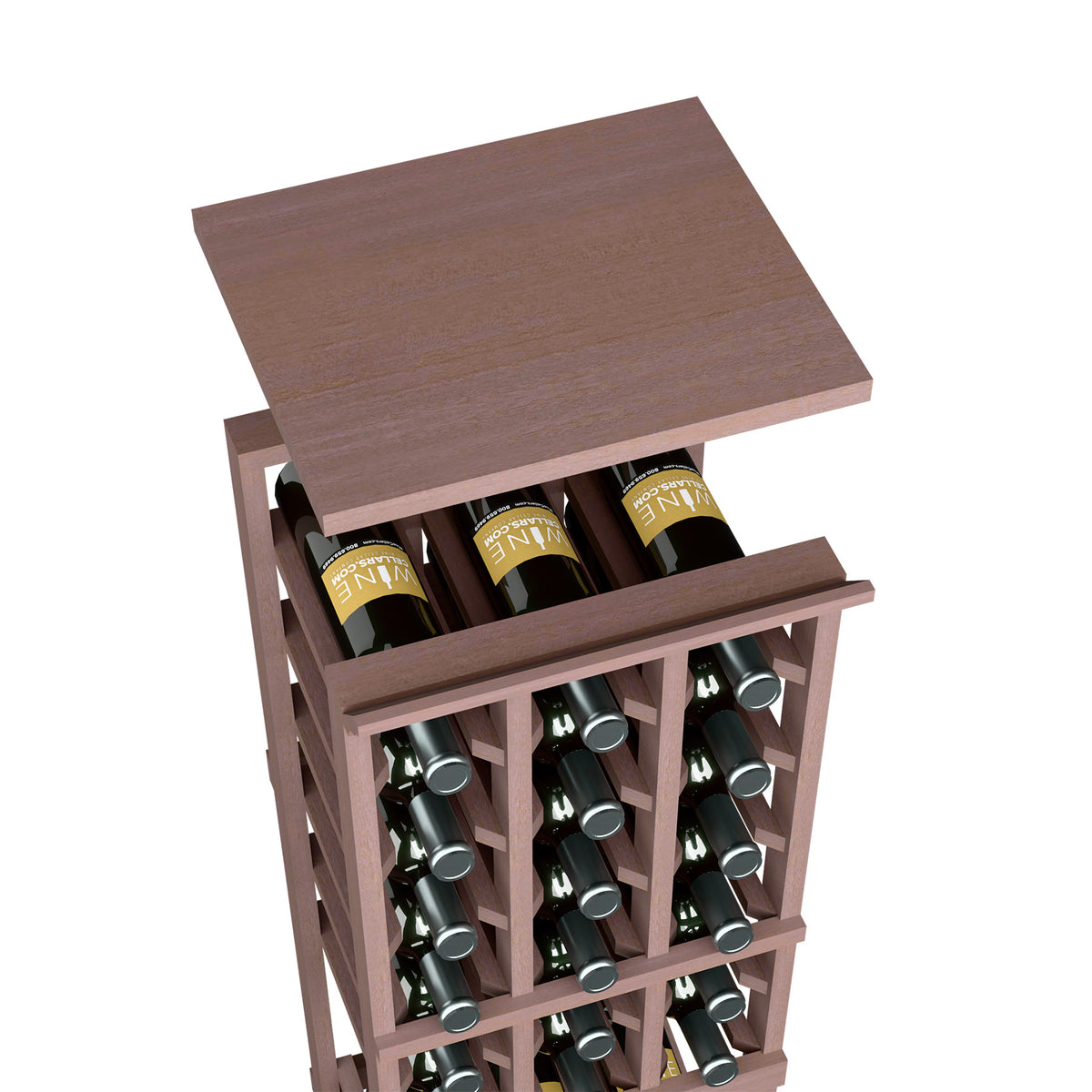 Wine bottle rack top shelf in dark brown wood, open cubbies holding wine bottles