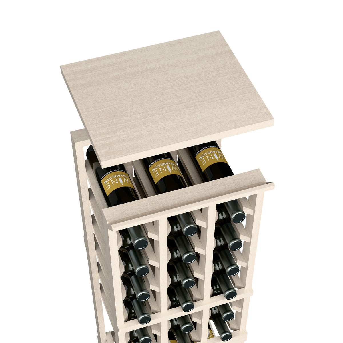 Weathered light grey wine bottle rack top shelf with open bottle cubbies and top board