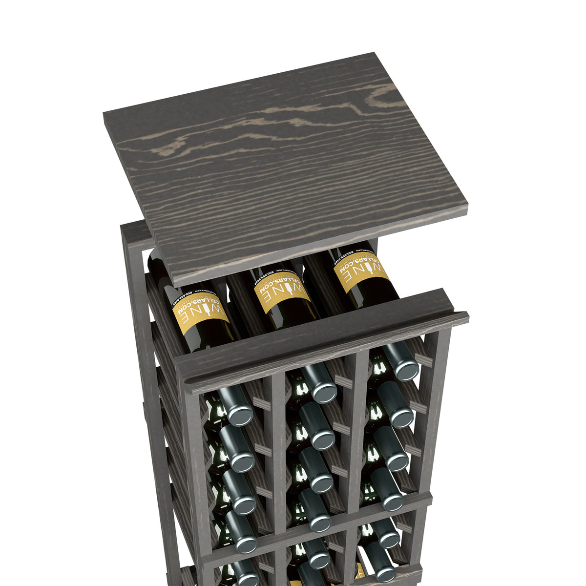 Dark wood wine rack top shelf with bottle slots holding several bottles