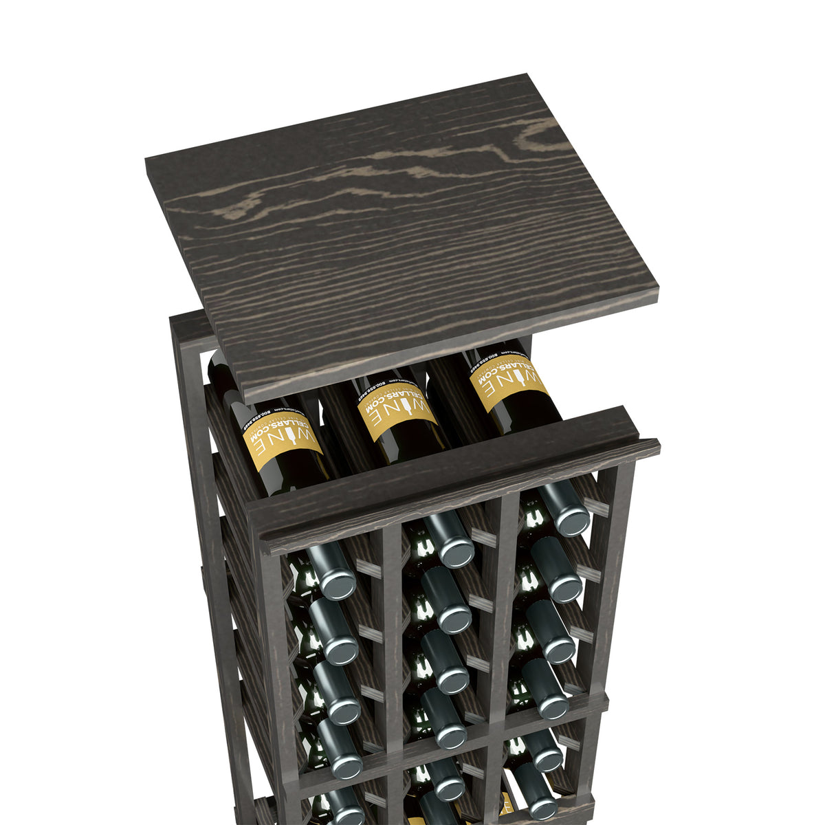 Dark wood wine rack top shelf with bottle slots holding several bottles