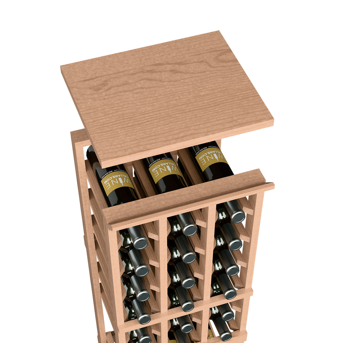 Light tan wood wine rack top shelf with bottle slots holding several bottles