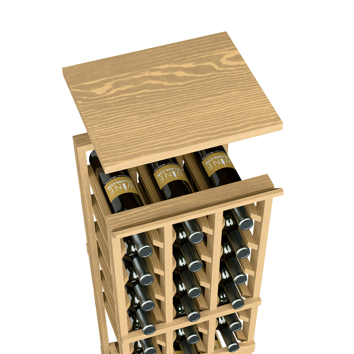 Natural wood tone wine rack top shelf with bottle slots holding several bottles