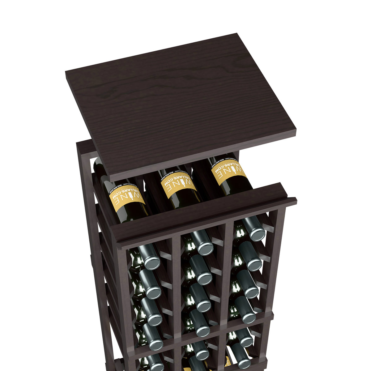 Espresso-brown wood wine rack top shelf with bottle slots holding several bottles